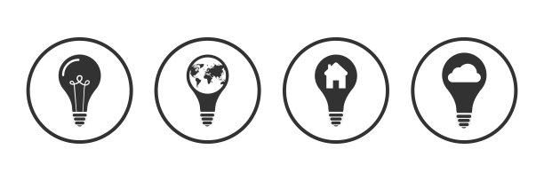 灯泡图标，想法符号，平面矢量插图，解决方案，创意标志，闪光灯，一套三个灯泡。地球上的灯泡。有房子的灯泡。灯泡与云。图片下载
