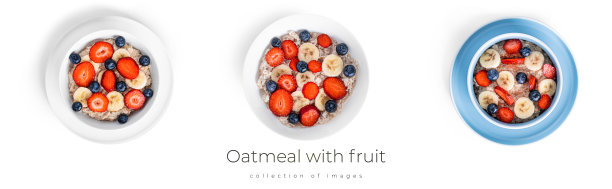 燕麦片与水果孤立在一个白色的背景。加草莓、蓝莓和香蕉的燕麦片图片下载