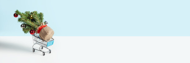 超市购物车里的一棵圣诞树孤零零地放在浅蓝色和白色的背景上。新年或圣诞节促销概念。带有复制空间的长横幅图片下载