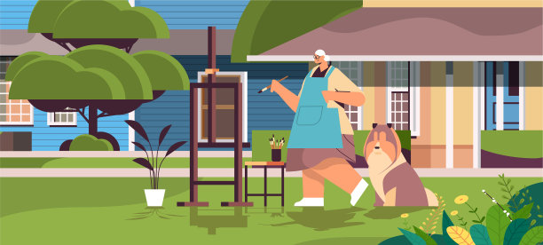 资深女画家用狗画画图片下载