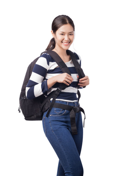 年轻快乐的亚洲女人背着背包孤立在白色。图片下载