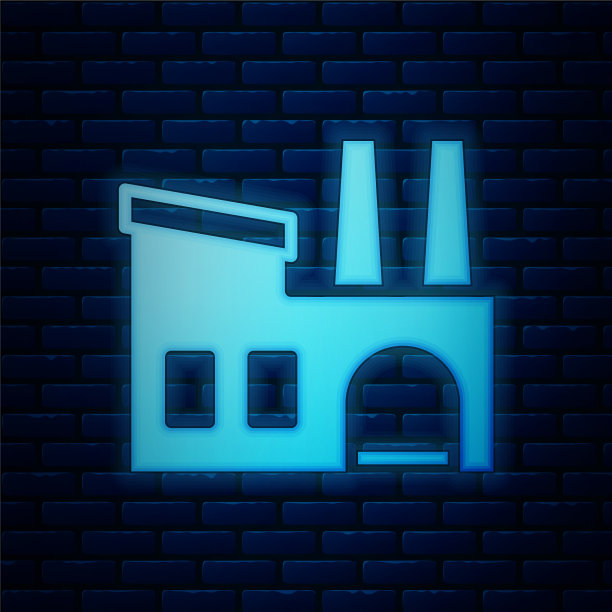 发光的霓虹灯工厂图标孤立在砖墙图片下载