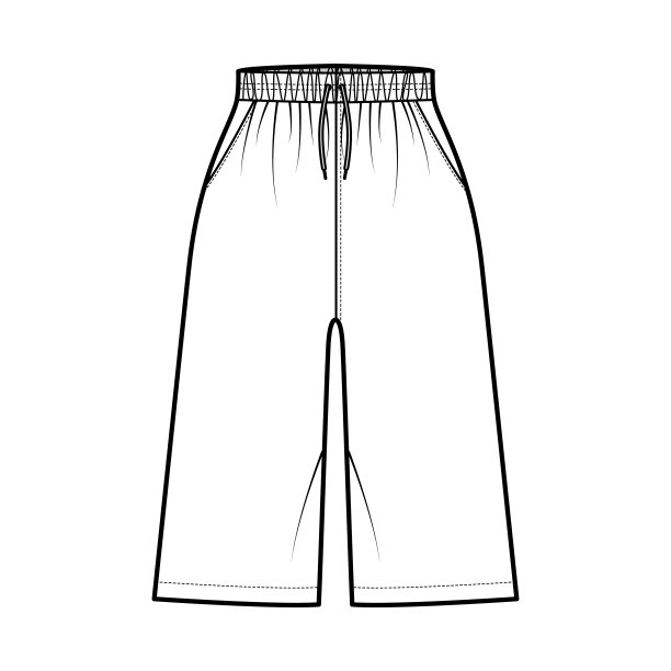 百慕达口袋短技术时尚插图与正常腰部，高腰，拉绳，放松合身，膝盖长度图片下载