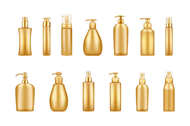 套黄金豪华泵瓶模型:血清，保湿，乳液，霜，洗手液图片下载