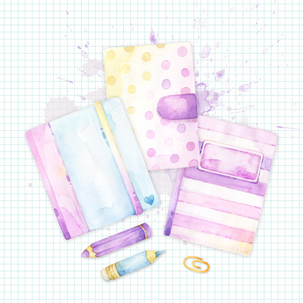 套水彩文具项目，包括粉红色，紫色，黄色和蓝色笔记本的插图，记事本和日记，蓝色和紫色铅笔，在方形纸的背景上图片下载