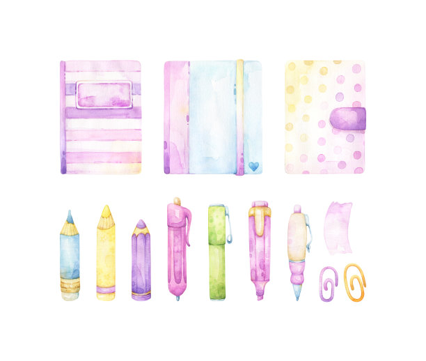 一套水彩学校文具和美术用品，包括紫色、蓝色和黄色的笔记本，色彩鲜艳的钢笔和铅笔，儿童插画，卡通剪贴画，回校主题图片下载