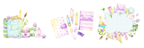 三套回到学校，爱好或商业水彩剪纸设计包括文具和艺术和工艺品贴纸，计划者，日记，剪贴簿，装饰，卡片，邀请图片下载