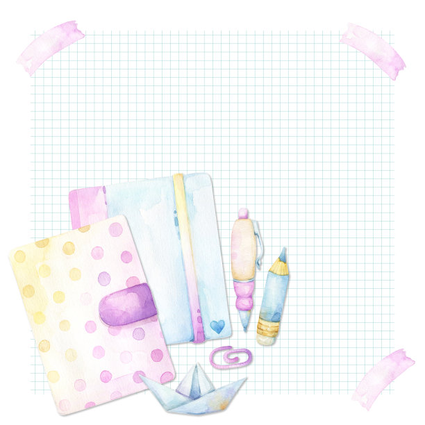 方形模板与彩色水彩文具剪纸包括奶业，规划师，钢笔，铅笔和回形针在角落，在卡通风格，回到学校，家庭办公室，艺术和手工艺主题图片下载