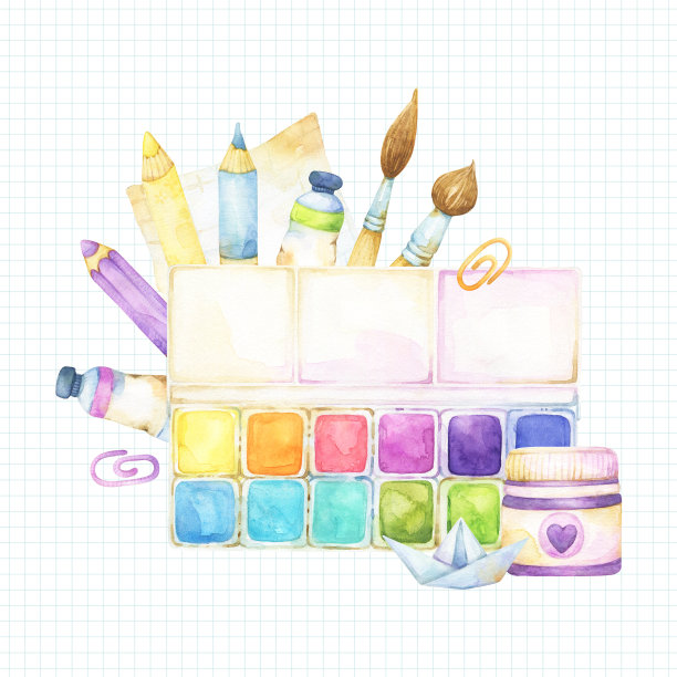 正方形模板与艺术供应水彩插图在学校纸的背景，包括项目的孩子工艺和绘画，文具，刷子，铅笔，油漆，卡通明星图片下载