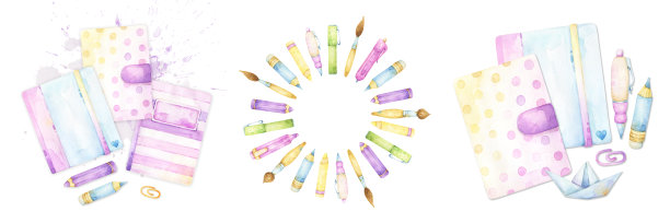 套三水彩设计孤立在白色背景，包括文具项目和艺术用品，为日记，计划，贴纸，剪贴簿，装饰，卡片，请柬，图片下载