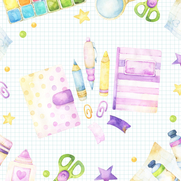 方形模板与水彩艺术和工艺物品，学校用品，彩色，卡通风格的儿童插图，用于社交媒体帖子，装饰，剪贴簿，纸工艺品图片下载