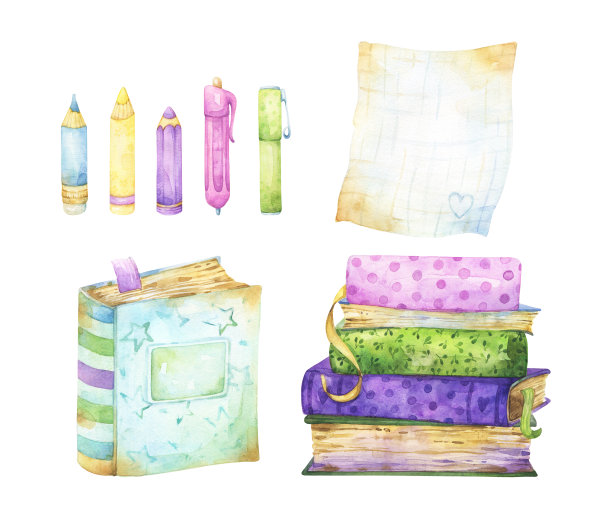 一套水彩文具和阅读剪纸孤立在白色背景上，包括书堆，教科书，选择钢笔和铅笔，学校的纸页，回到学校，爱好和休闲图片下载