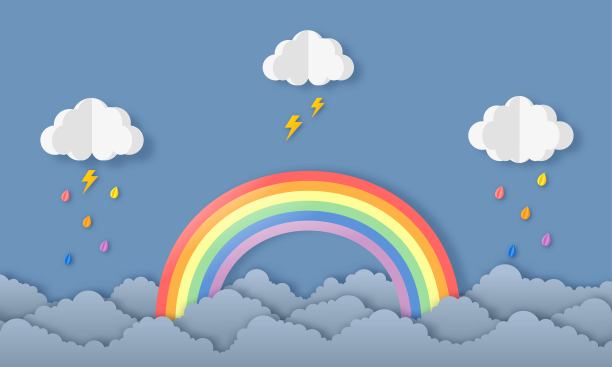 快乐的雨季背景。雨中的彩虹。纸艺术风格。矢量插图。图片下载