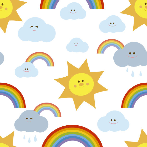 可爱的无缝图案与微笑的太阳，云彩和彩虹在白色的背景。图片下载