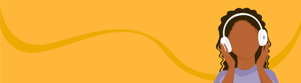 可爱的卡通深色皮肤女孩听音乐耳机。横幅、背景、网络。矢量插图。图片下载