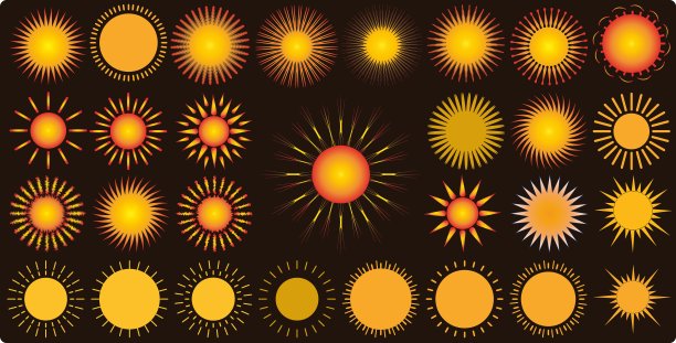 一组独立的图标和形状显示不同颜色的太阳，适合杂志，书籍和网站的使用，除了您的设计图片下载