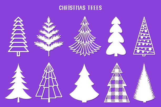 圣诞树的剪影。向量集模板激光，剪纸。图片下载