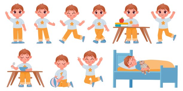 卡通男孩角色的姿势，手势和表情的动画。快乐的学校孩子玩，睡觉，挥手和运行向量集合图片下载