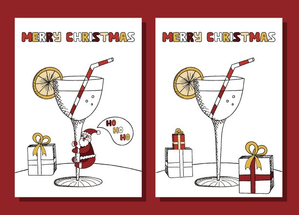 有趣的圣诞快乐贺卡与鸡尾酒与柠檬和管，圣诞老人爬上马提尼杯，节日礼物。涂鸦和草图手绘矢量颜色。图片下载