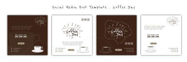 一套社交媒体张贴模板与咖啡杯设计。国际咖啡日矢量插图。棕色和白色设计的社交媒体模板图片下载