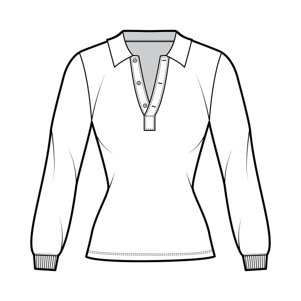 衬衫马球技术时尚插图与长袖，束腰外衣长度，开放亨利领，苗条合身，平领图片下载