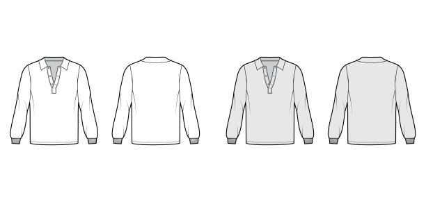 衬衫马球技术时尚插图与长袖，弹性袖口，亨利开领，超大，平领图片下载