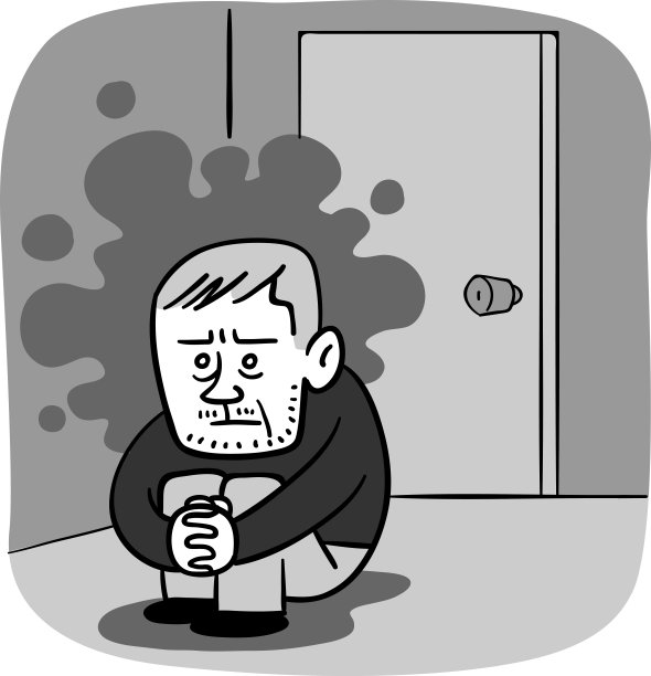 一个中年男子的单色插图，他把自己关在一个房间里，带着一种黑暗的感觉图片下载