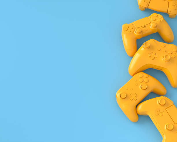 一套说谎的玩家操纵杆或游戏手柄在蓝色和黄色的背景图片下载