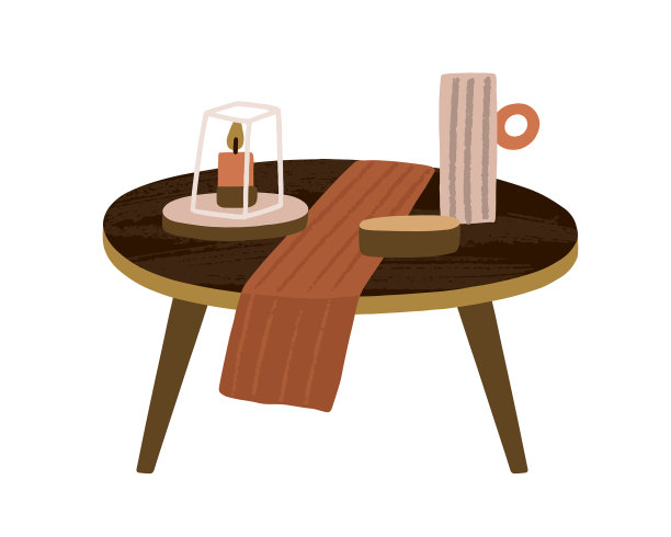 木制的圆形小茶几上放着蜡烛图片下载
