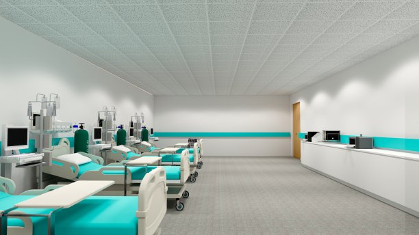 有床的病房。空床和轮椅护理诊所或医院。3d渲染房间和舒适。现代医院，保健理念。图片下载