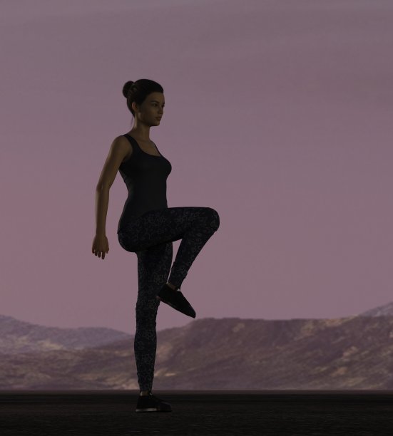 女人在日落时伸懒腰。人是不真实的。她是一个3D渲染，因此不需要模型发布。图片下载