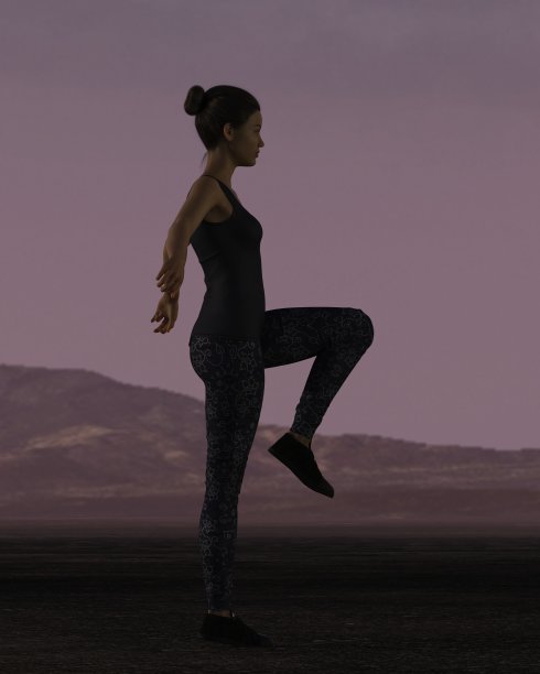女人在日落时伸懒腰。人是不真实的。她是一个3D渲染，因此不需要模型发布。图片下载