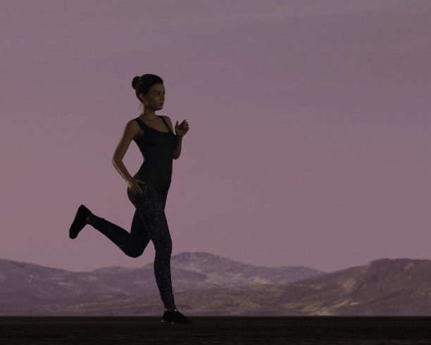 女人在日落时伸懒腰。人是不真实的。她是一个3D渲染，因此不需要模型发布。图片下载