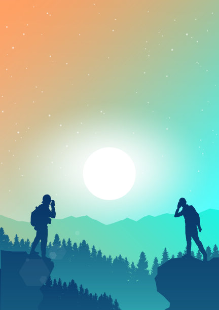 一个人站在山顶上大喊。男人听到一声叫喊。协作。发现、探索和观察自然的旅游理念。徒步旅游。冒险。极简主义图形传单图片下载