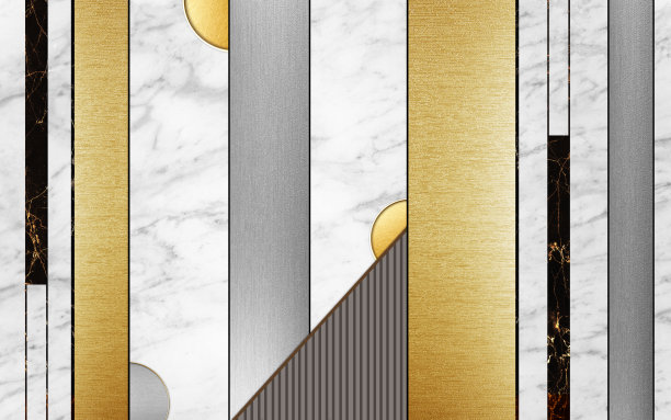 3d现代壁画壁纸。 金色和黑色的线条和正方形和黑色的形状在白色大理石的背景图片下载