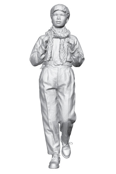 一个年轻女孩的模型，背着背包，戴着帽子和围巾，孤立地在白色背景下行走。前视图。3 d。矢量图图片下载