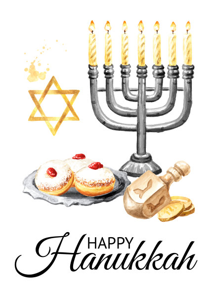 犹太节日光明节贺卡，传统烛台，甜甜圈，一些硬币和陀螺。手绘水彩插图，在白色背景下隔离图片下载