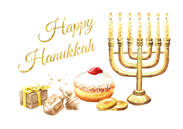 光明节犹太节日贺卡，传统元素手绘水彩插画，白色背景隔离图片下载