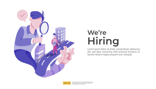 招聘和雇主招聘的概念与商人的性格。社交媒体工作模板，网页登陆页，横幅，人力资源展示的空缺面试流程。矢量图图片下载