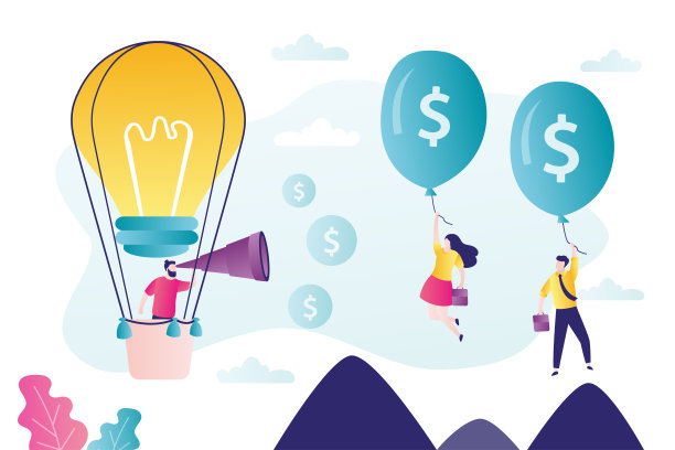 商人在想法灯泡和寻找赞助者来资助创业。各种各样的投资者坐着大钱气球飞来飞去。图片下载