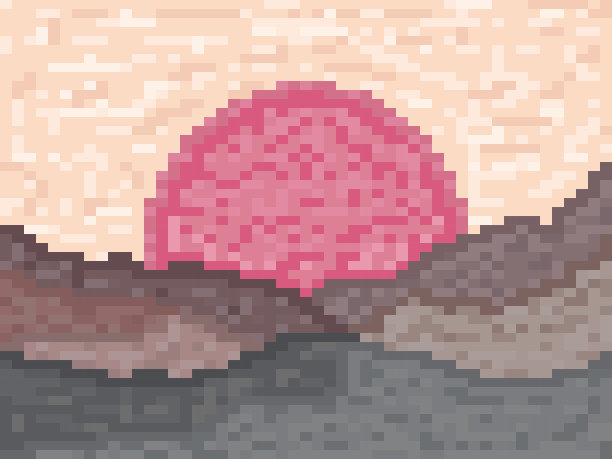 像素景观与山脉和太阳。像素艺术风格的日出山。90年代2D复古8位电子游戏。矢量图图片下载