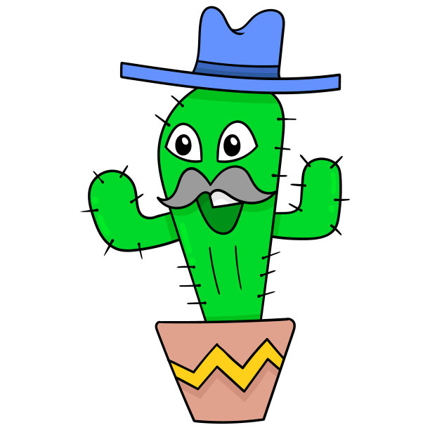 牛仔脸上的仙人掌与浓密的胡子在一个花盆，矢量插图艺术。涂鸦图标形象卡哇伊。图片下载