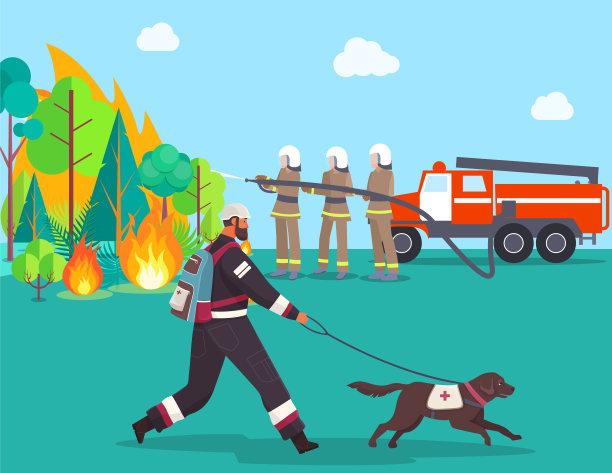 消防队员扑灭室外火灾。穿制服的消防队员使用灭火器和水管供水图片下载