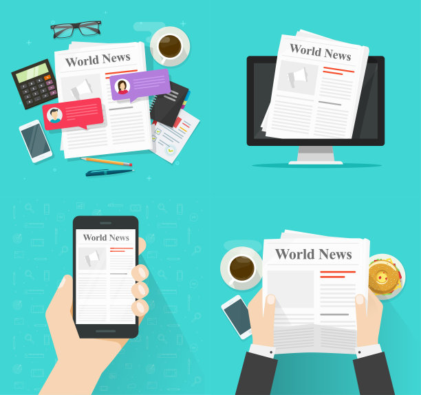 桌上的报纸和电脑屏幕上的报纸在线数字和手机app上的平面卡通矢量插图，人在咖啡馆阅读新闻媒体作为咖啡休息的想法图片下载