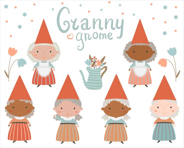 可爱的卡通老奶奶侏儒设置。图片下载