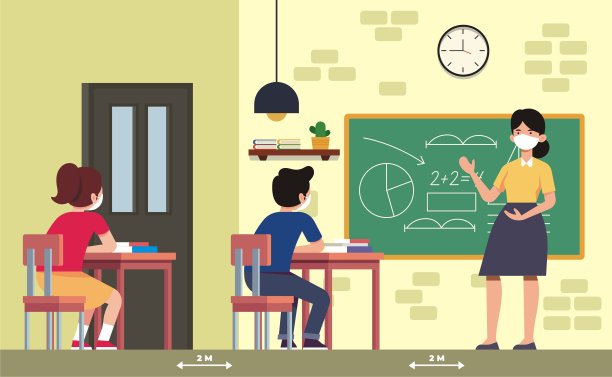 重返学校，体验新的正常生活方式横幅课堂上保持社交距离概念，预防提示信息2019冠状病毒图片男孩和女孩戴着面具坐在桌子上。图片下载