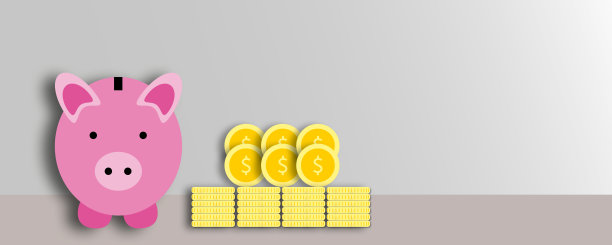 灰色背景上有硬币的粉红色小猪储蓄罐，金融保险概念。图片下载