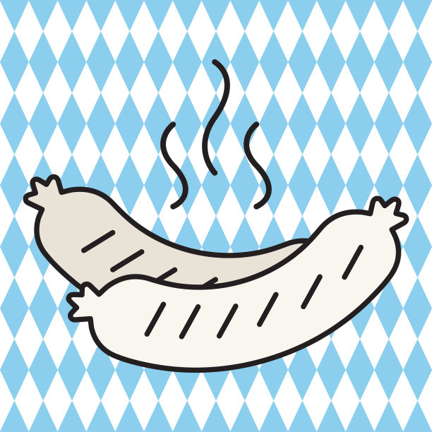 巴伐利亚白香肠。巴伐利亚国旗背景上的慕尼黑香肠是巴伐利亚的传统菜肴。啤酒节的象征，啤酒小吃。图片下载