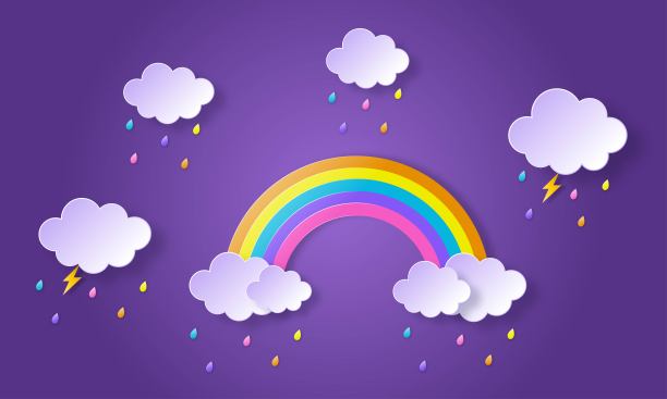 快乐的雨季背景。雨中的彩虹。纸艺术风格。矢量插图。图片下载