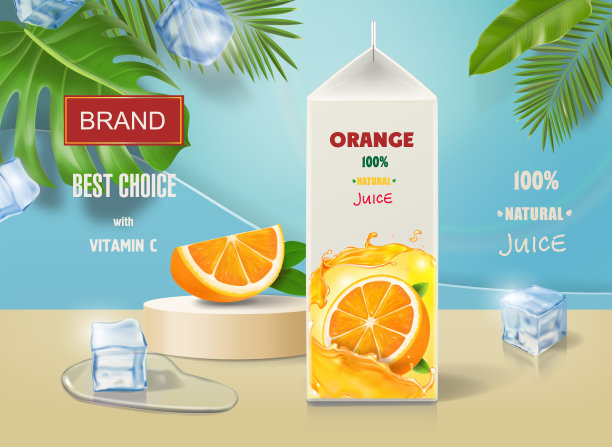 橙汁海报与冰块橙水果图片下载
